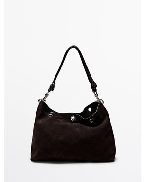 MASSIMO DUTTI Splitsuède Leren Tas Met Eyelets - Zwart