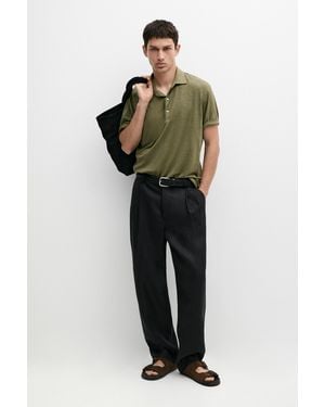 MASSIMO DUTTI 100% Linen Short Sleeve Polo Shirt - Green