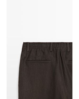 MASSIMO DUTTI 100% Linen Pants With Elastic Waistband - Black