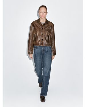 MASSIMO DUTTI Distressed Effect Nappa Leather Cropped Jacket - Blue
