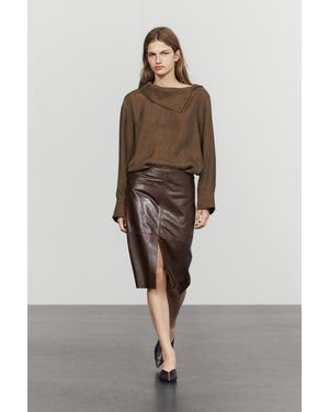 MASSIMO DUTTI Leather Midi Skirt With Pocket Detail - Natural
