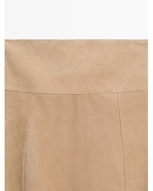 MASSIMO DUTTI Suede Leather Flared Midi Skirt With Sash - Natural
