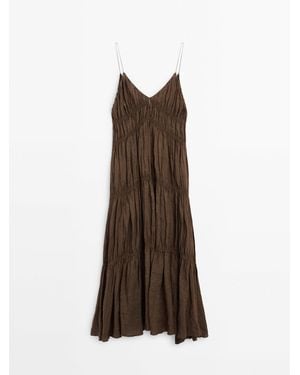MASSIMO DUTTI 100% Linen Long Dress With Gathered Detail - Natural