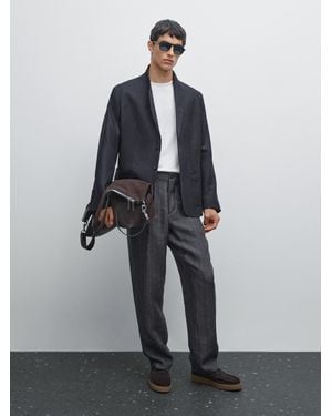 MASSIMO DUTTI Faded Striped Linen Trousers - Blue