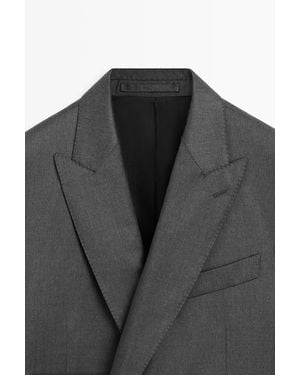MASSIMO DUTTI 100% Cool Wool Double-Breasted Suit Blazer - Black