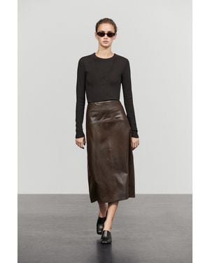 MASSIMO DUTTI Straight Nappa Leather Midi Skirt With Seam Details - Brown