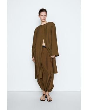 MASSIMO DUTTI 100% Silk Midi Skirt With Gathered Detail - Natural