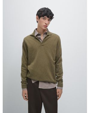 MASSIMO DUTTI Jersey Polo Punto Cuello Pico 100% Lana - Verde