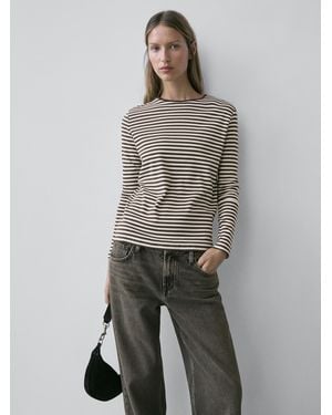 MASSIMO DUTTI Striped Long Sleeve T-Shirt With Contrast Detail - Gray