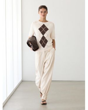 MASSIMO DUTTI Short Sleeve Knit Argyle Jumper - White