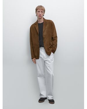 MASSIMO DUTTI Suede Leather Blazer With Topstitching - White