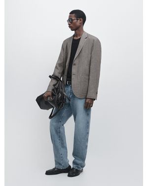 MASSIMO DUTTI Tailored Linen Blend Herringbone Blazer - Grey