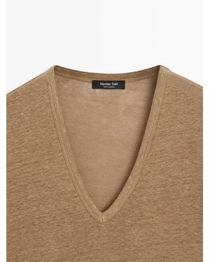 MASSIMO DUTTI Linen V-Neck T-Shirt - White