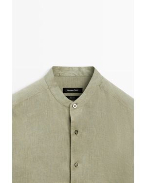 MASSIMO DUTTI 100% Linen Regular Fit Stand Collar Shirt - Green
