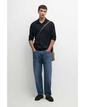 MASSIMO DUTTI 100% Cotton Long Sleeve Polo Shirt - Blue