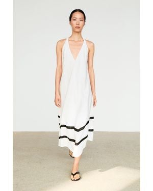 MASSIMO DUTTI Linen Blend Midi Dress With Contrast Lines - White