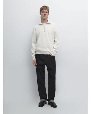 MASSIMO DUTTI Cotton Mock Neck Knit Jumper With Zip - White