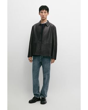 MASSIMO DUTTI Nappa Leather Jacket With Button Details - Blue