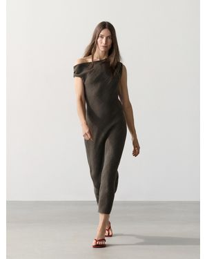 MASSIMO DUTTI 100% Linen Midi Dress With Shoulder Detail - Gray