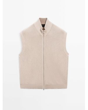 MASSIMO DUTTI Cotton Knit Vest With Zip - Natural