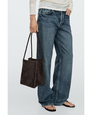 MASSIMO DUTTI Nappa Leather Woven Bucket Bag - Black