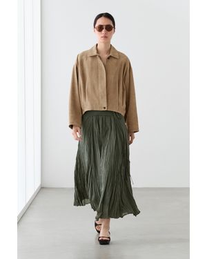MASSIMO DUTTI Suede Leather Pleated Bomber Jacket - Natural