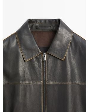 MASSIMO DUTTI Distressed Effect Leather Jacket - Black