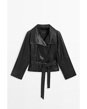 MASSIMO DUTTI Kort Suèdejack Van Schapenleer Met Riem Van Leer - Zwart