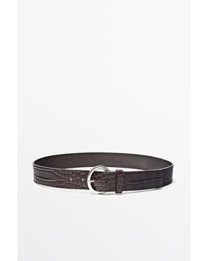 MASSIMO DUTTI Croc-Embossed Leather Belt With Round Buckle - Brown