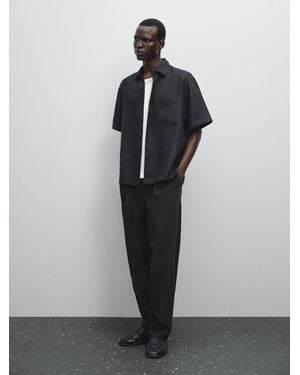 MASSIMO DUTTI 100% Linen Short Sleeve Shirt - Black