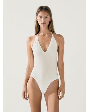 MASSIMO DUTTI Textured V-Neck Swimsuit - Natural