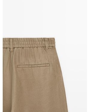 MASSIMO DUTTI 100% Linen Wide-Leg Pants With Elastic Detail - White