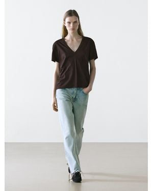 MASSIMO DUTTI Flowing V-Neck T-Shirt - Brown