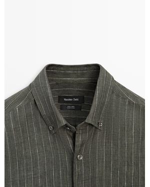 MASSIMO DUTTI Regular Fit Striped 100% Linen Fluid Shirt - Green