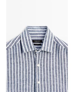 MASSIMO DUTTI Regular Fit Striped 100% Linen Shirt - Blue