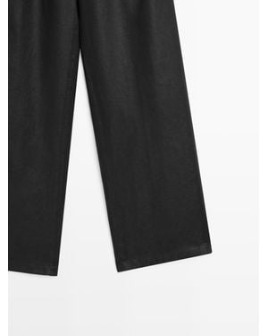 MASSIMO DUTTI 100% Linen Wide-Leg Trousers With Elastic Detail - Blue