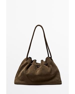 MASSIMO DUTTI Gathered Split Suede Leather Bag - Brown