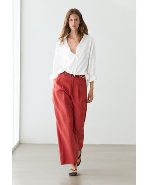 MASSIMO DUTTI Loose Fit High-Waist Linen Trousers - Red