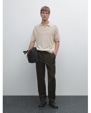 MASSIMO DUTTI Strick-Poloshirt Aus Baumwolle Und Leinen Mit V-Ausschnitt - Weiß