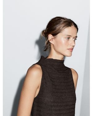 MASSIMO DUTTI Chocolate Linear Waffle-Knit Funnel Neck Top - Black