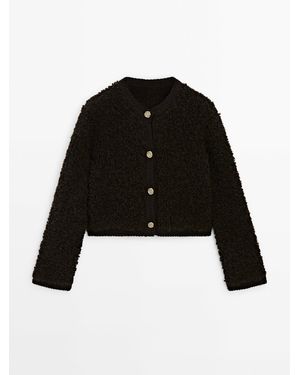 MASSIMO DUTTI Bouclé Cardigan With Rhinestone Button - Blue