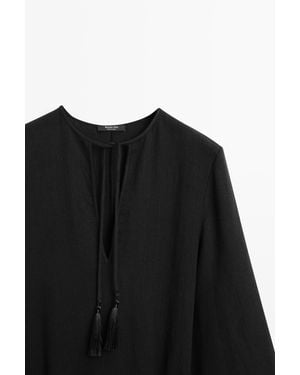 MASSIMO DUTTI 100% Linen Midi Dress With Tie Detail - Black