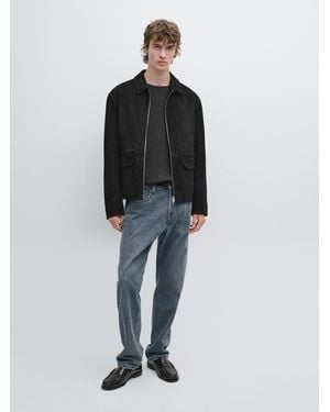 MASSIMO DUTTI Suede Leather Zip-Up Jacket - Blue