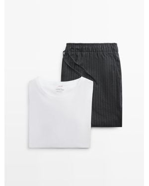 MASSIMO DUTTI Striped Pyjamas, Long-Sleeved T-Shirt, 100% Cotton - White
