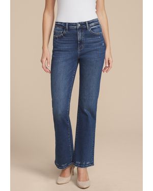 Flying Monkey Dark High Rise Destructed Hem Slim Bootcut Jeans - Blue