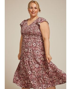 maurices Plus Size Printed Flutter Sleeve Smocked Midi Dress - Pink