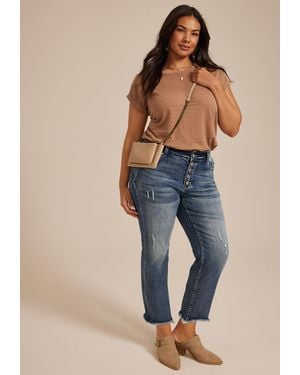 Kancan Plus Size High Rise Fray Hem Button Fly Capri - Blue