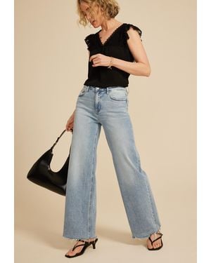 Flying Monkey High Rise Frayed Hem Wide Leg Jeans - Blue