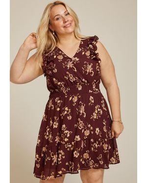 maurices Bare Floral Ruffle V Neck Skater Dress - Brown
