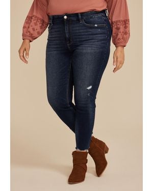 Flying Monkey Plus Size Mid Rise Ripped Hem Skinny Jeans - Blue